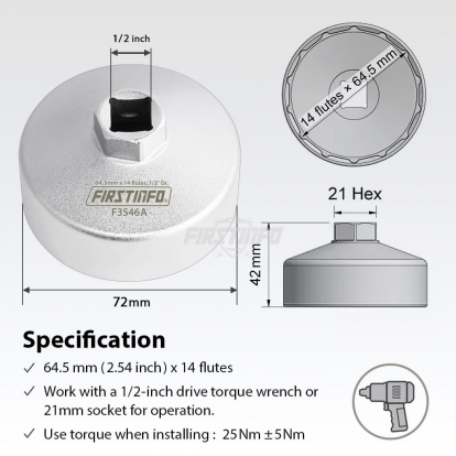 F3546A 1/2" Oil Filter Wrench 64.5 mm 14 flutes Forged Steel For Toyota and Honda